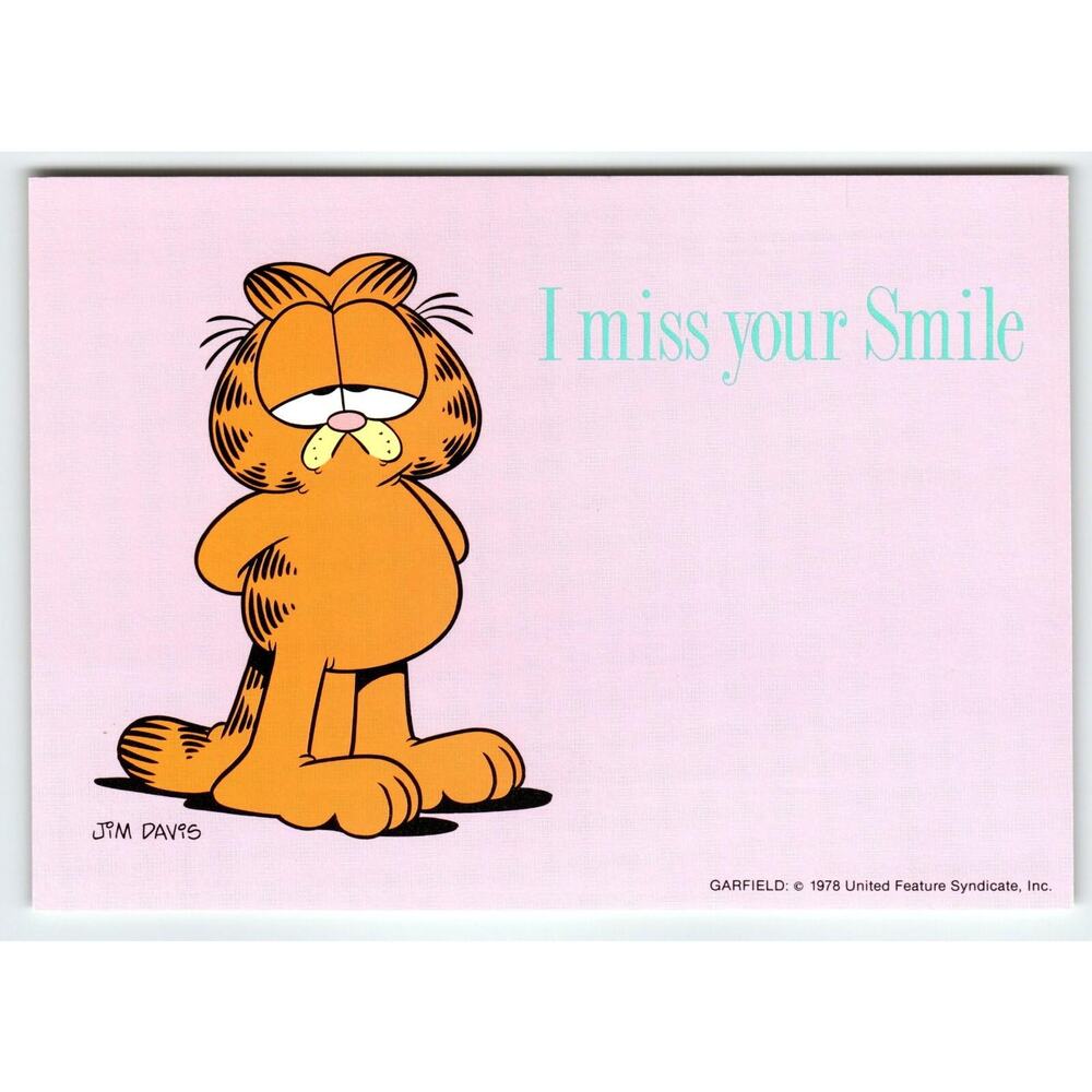Garfield Cat Postcard I Miss Your Smile Sad Kitten Jim Davis 1978 Unused